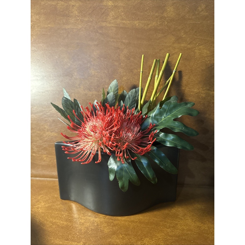 Protea Asian Inspired Tropical silk flowers Red/Orange Artificial in Black Plant